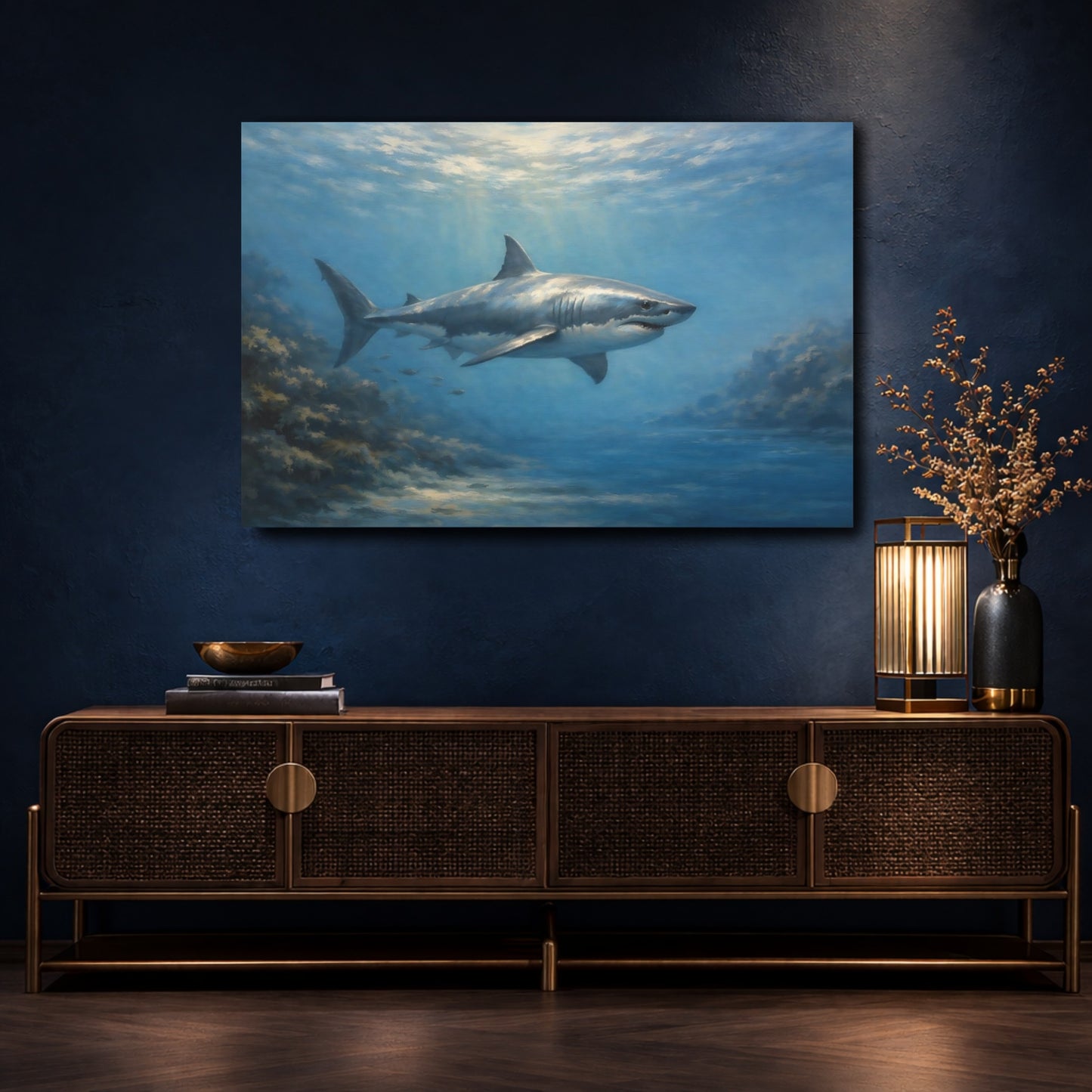 Mockup 4. Animals White Shark Underwater Shark shown as stretched canvas wall art