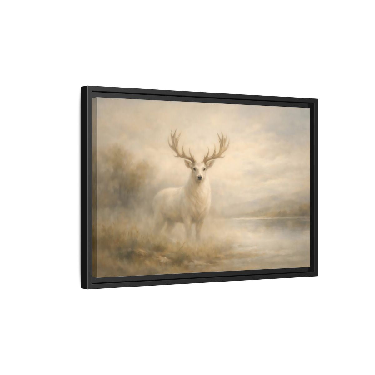 Side Mockup 3. Animals White Stag Misty White Deer shown as stretched canvas wall art