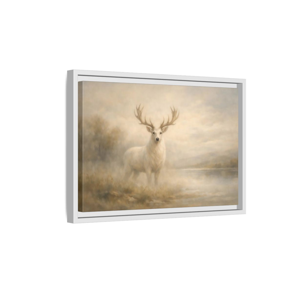 Side Mockup 4. Animals White Stag Misty White Deer shown as stretched canvas wall art