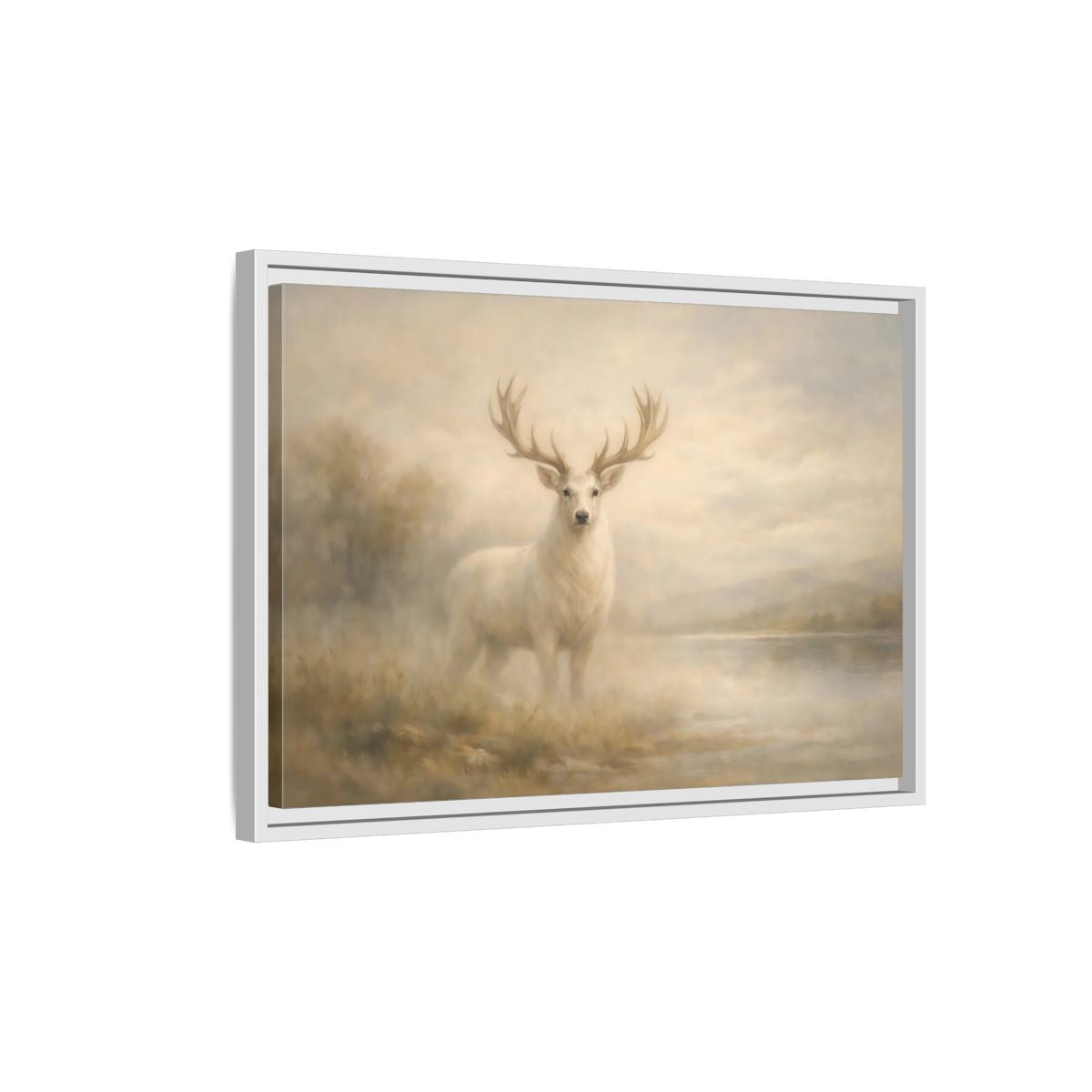 Side Mockup 1. Animals White Stag Misty White Deer shown as stretched canvas wall art