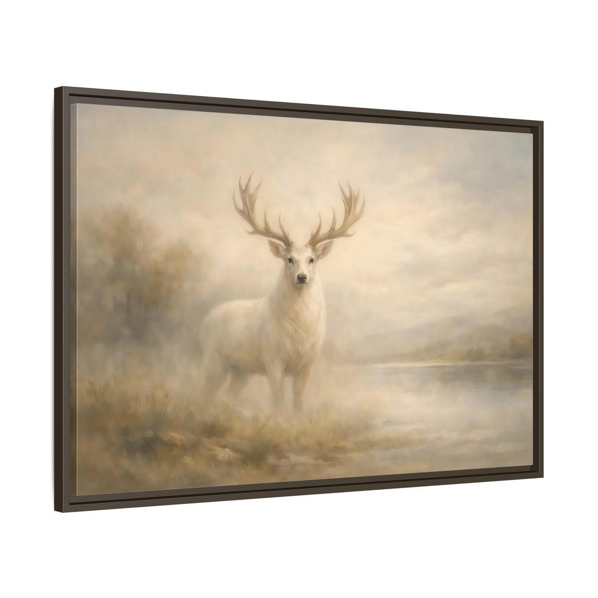 Side Mockup 9. Animals White Stag Misty White Deer shown as stretched canvas wall art