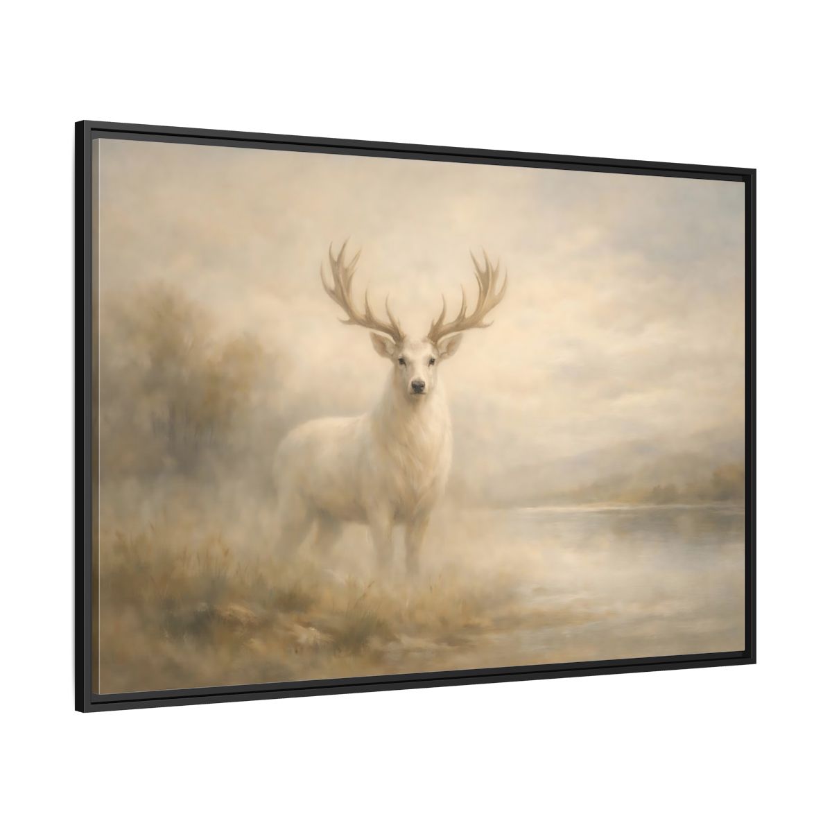 Side Mockup 12. Animals White Stag Misty White Deer shown as stretched canvas wall art