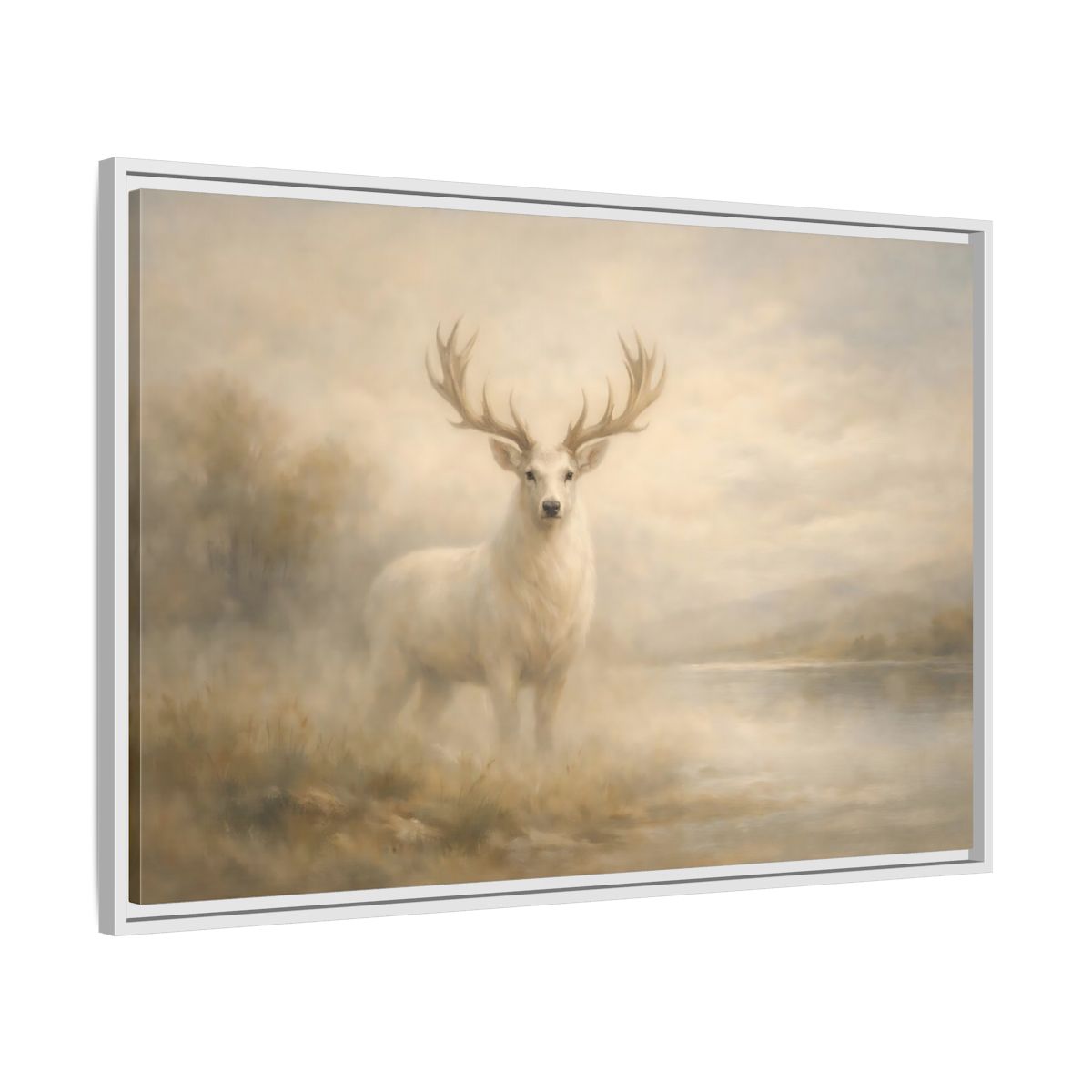 Side Mockup 8. Animals White Stag Misty White Deer shown as stretched canvas wall art