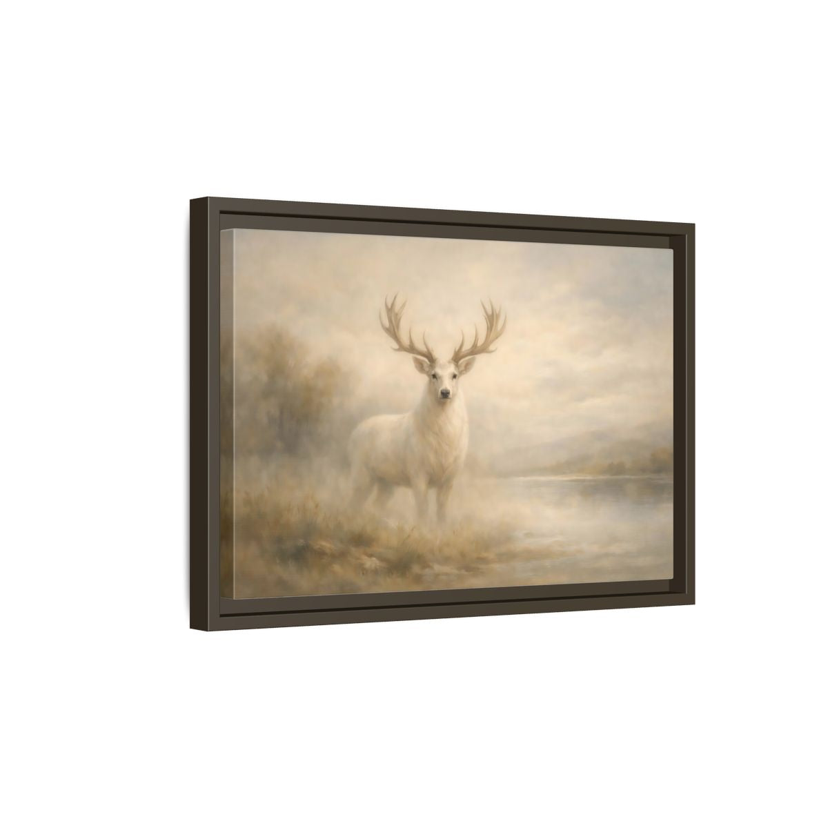 Side Mockup 5. Animals White Stag Misty White Deer shown as stretched canvas wall art