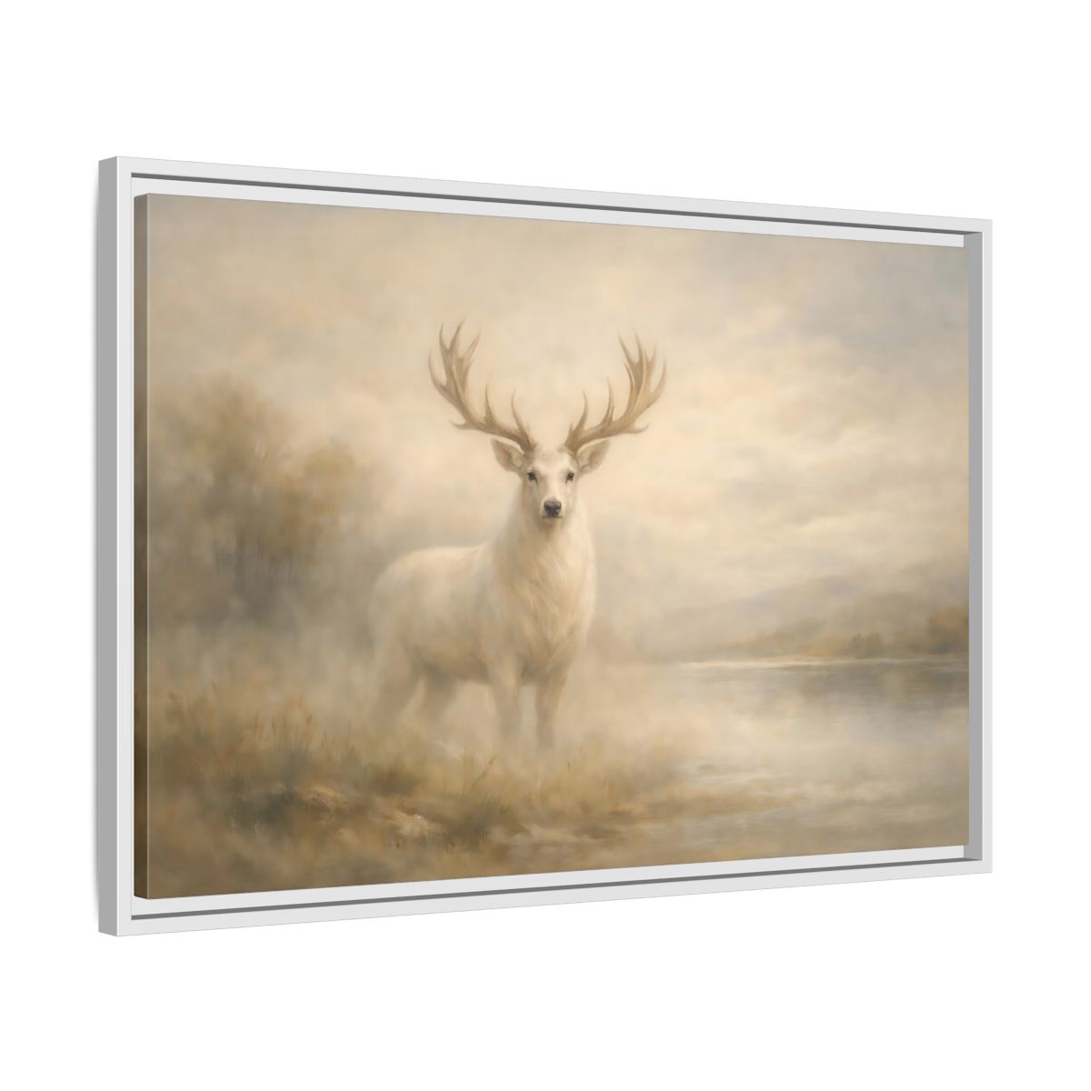 Side Mockup 10. Animals White Stag Misty White Deer shown as stretched canvas wall art