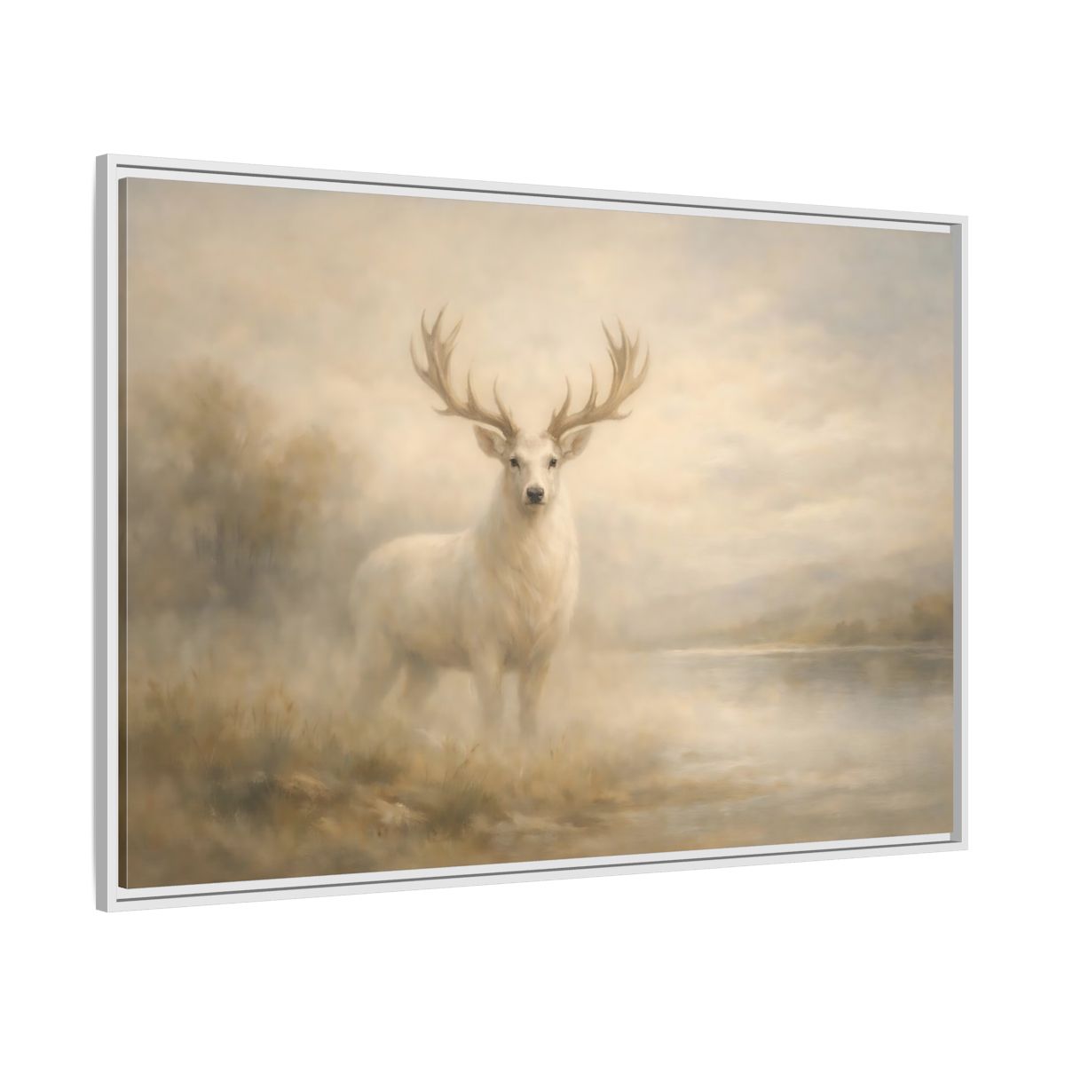 Side Mockup 7. Animals White Stag Misty White Deer shown as stretched canvas wall art