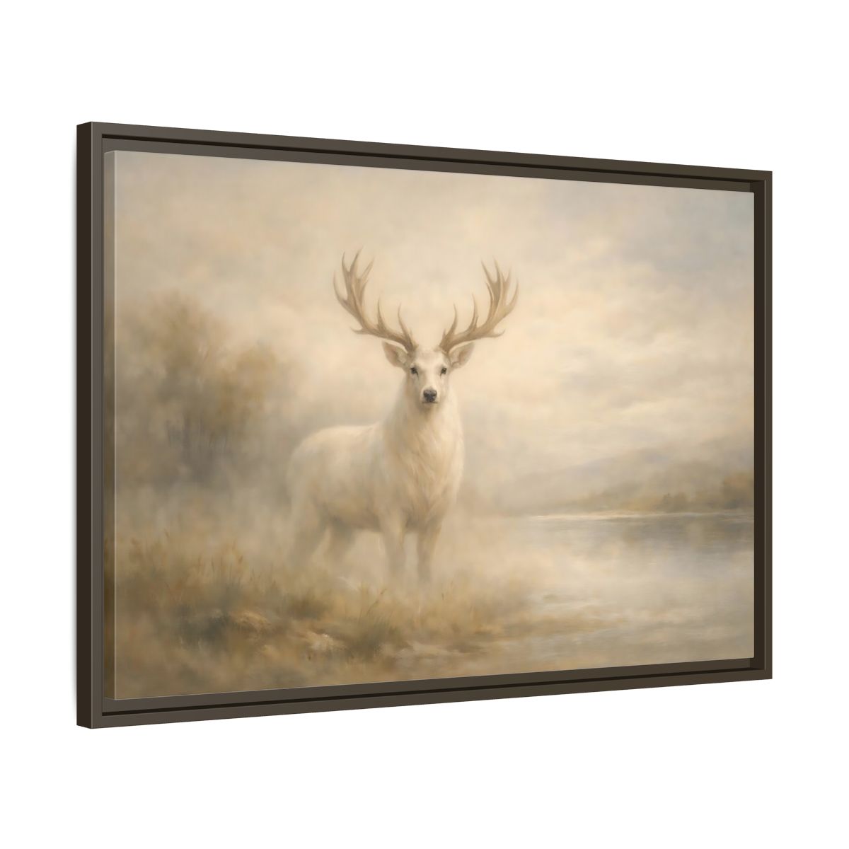 Side Mockup 11. Animals White Stag Misty White Deer shown as stretched canvas wall art