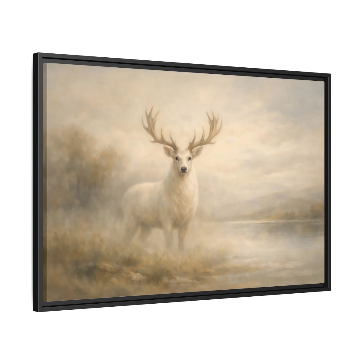 Side Mockup 13. Animals White Stag Misty White Deer shown as stretched canvas wall art
