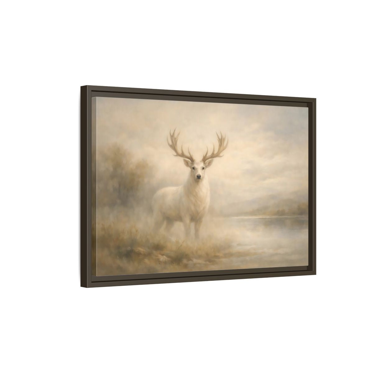 Side Mockup 2. Animals White Stag Misty White Deer shown as stretched canvas wall art