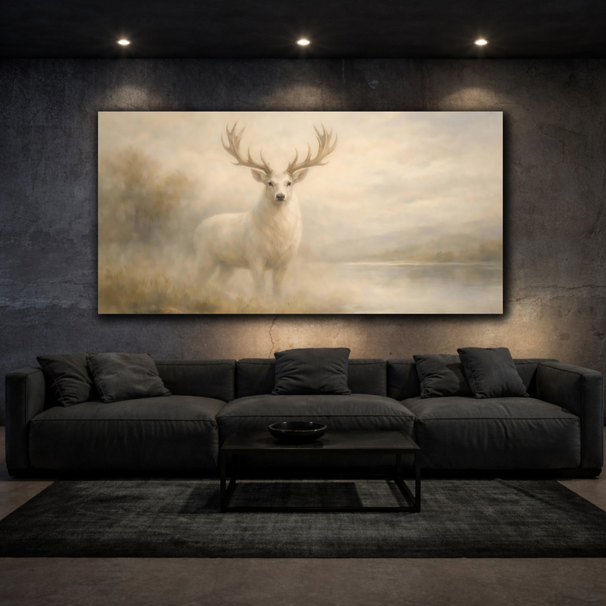 Mockup 2. Animals White Stag Misty White Deer shown as stretched canvas wall art