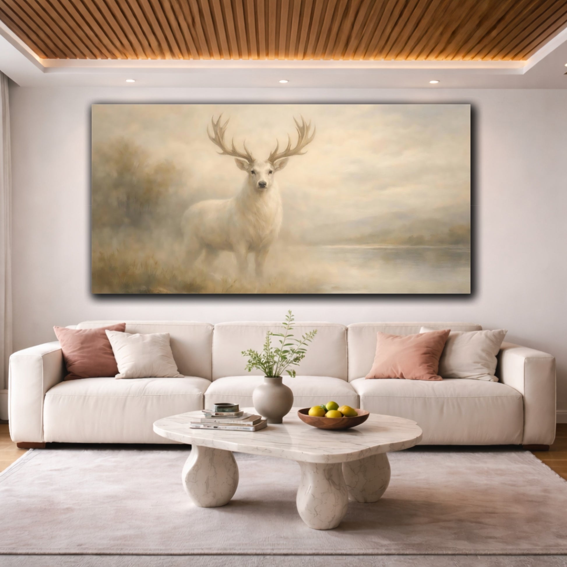 Mockup 3. Animals White Stag Misty White Deer shown as stretched canvas wall art