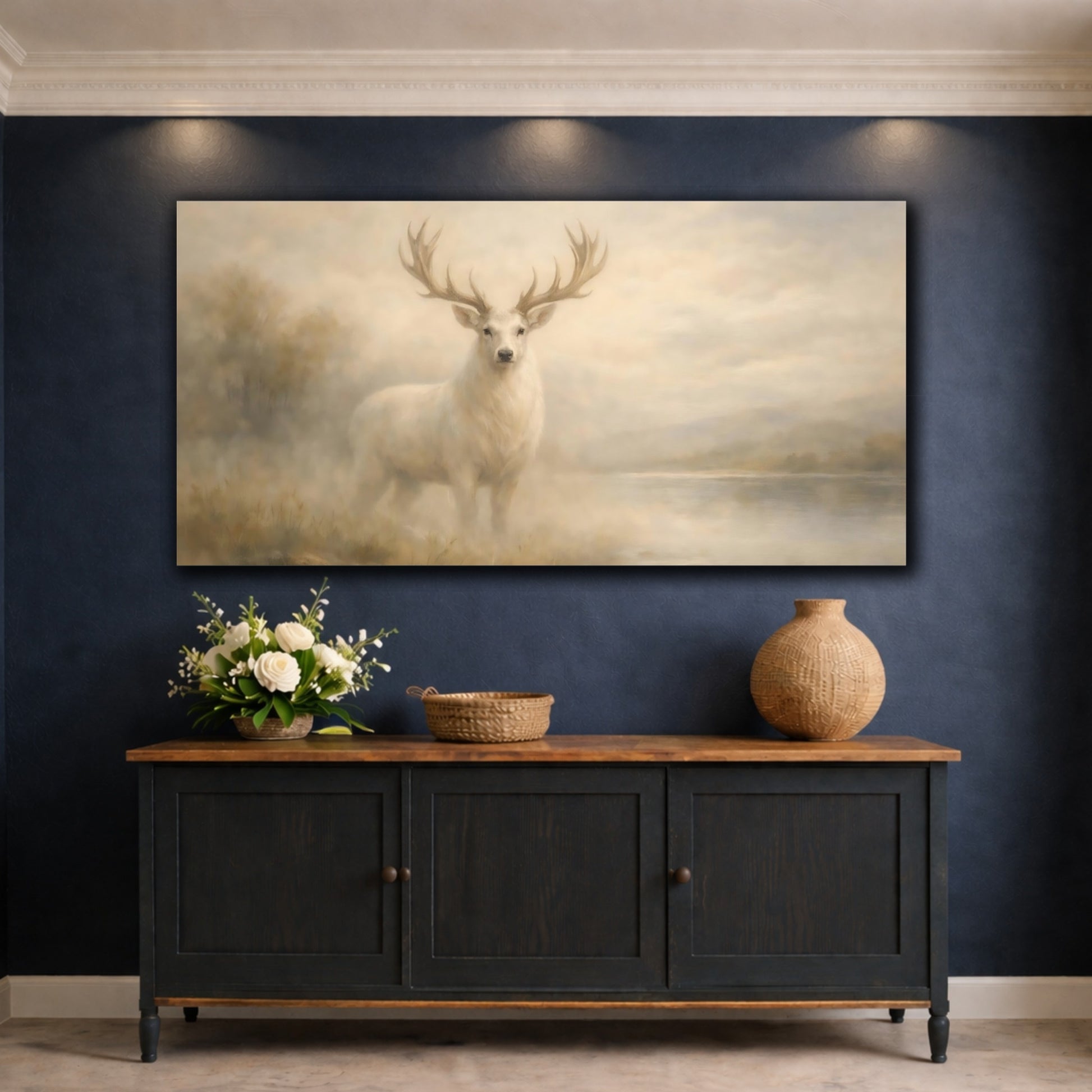 Mockup 4. Animals White Stag Misty White Deer shown as stretched canvas wall art