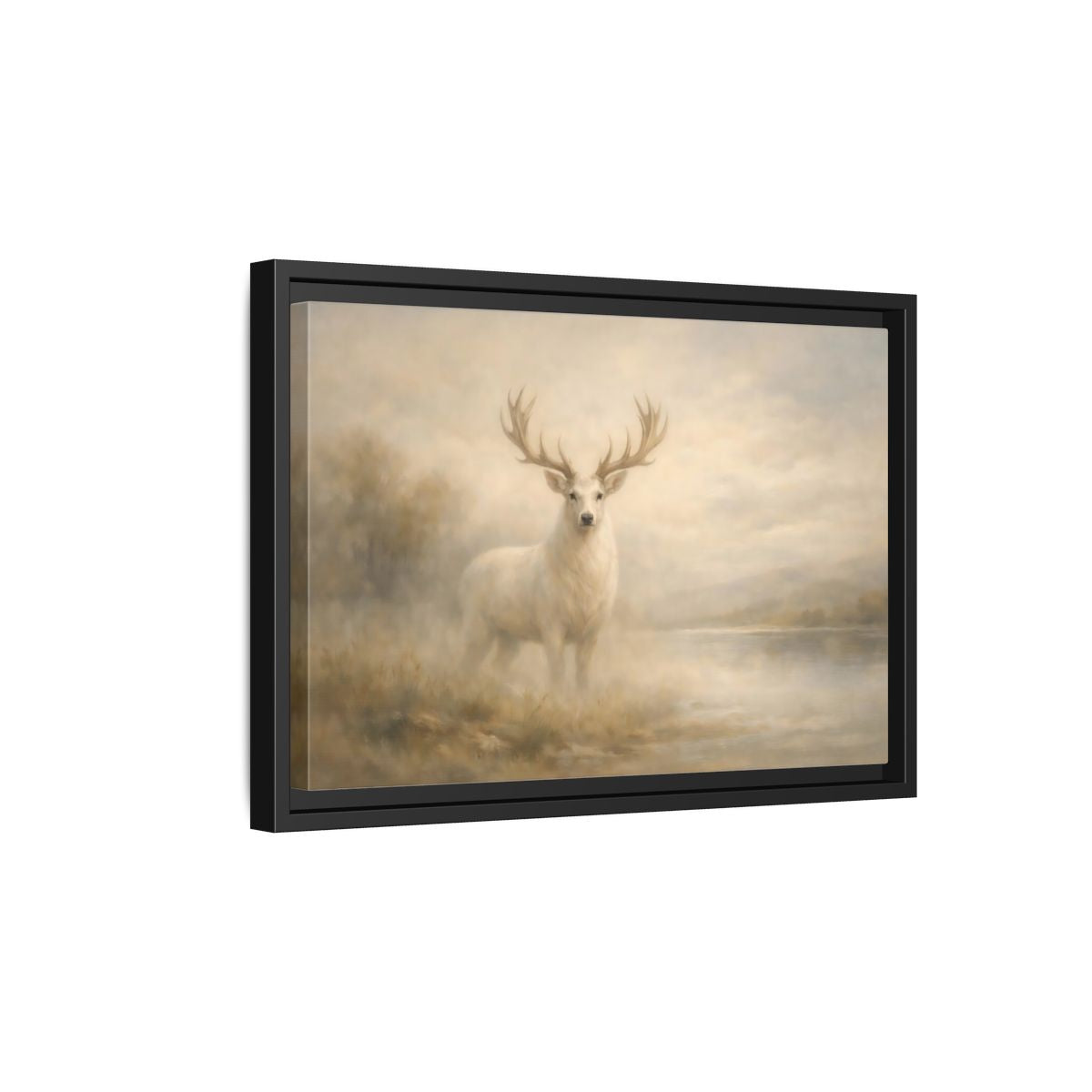 Side Mockup 6. Animals White Stag Pale Gold shown as stretched canvas wall art