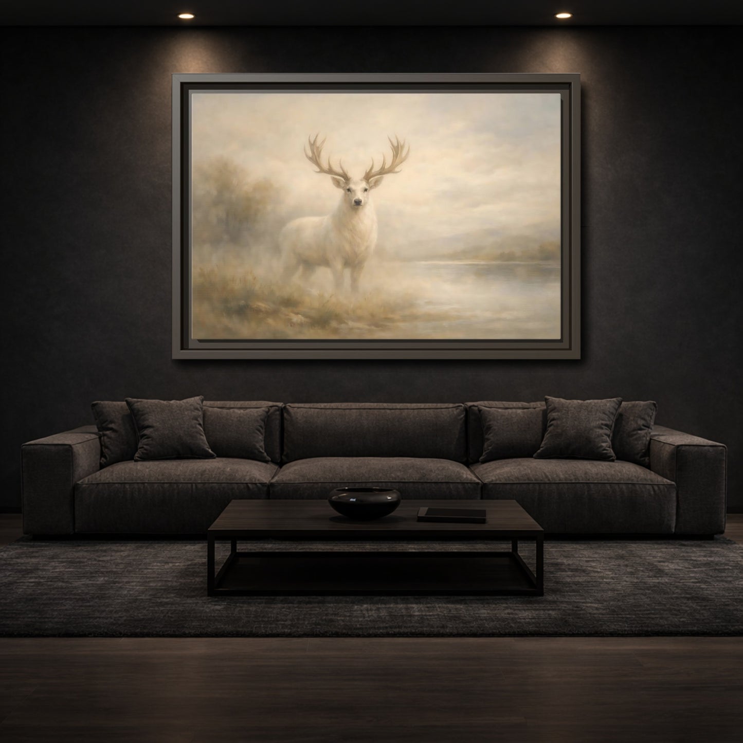 Mockup 2. Animals White Stag Pale Gold shown as stretched canvas wall art