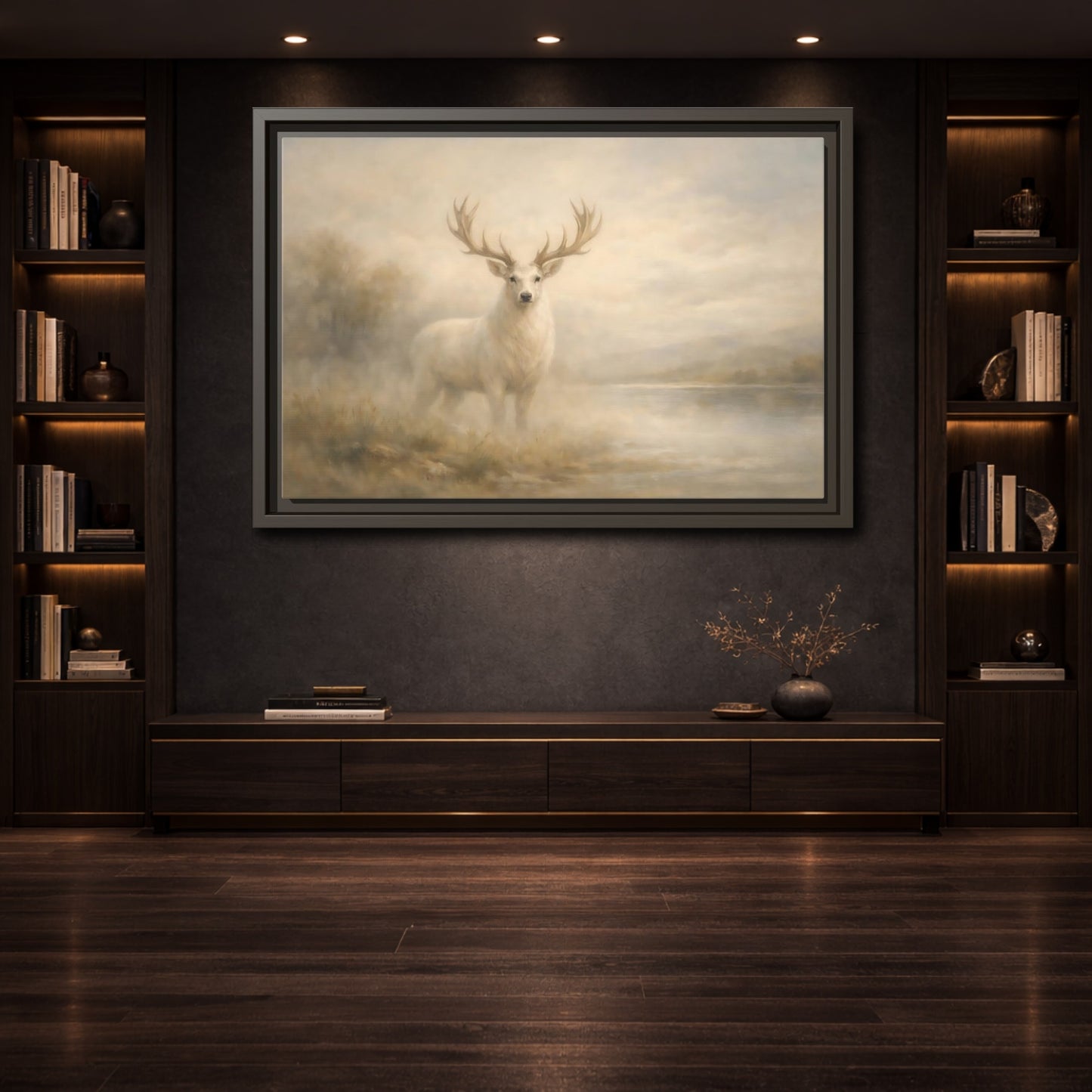Mockup 3. Animals White Stag Pale Gold shown as stretched canvas wall art