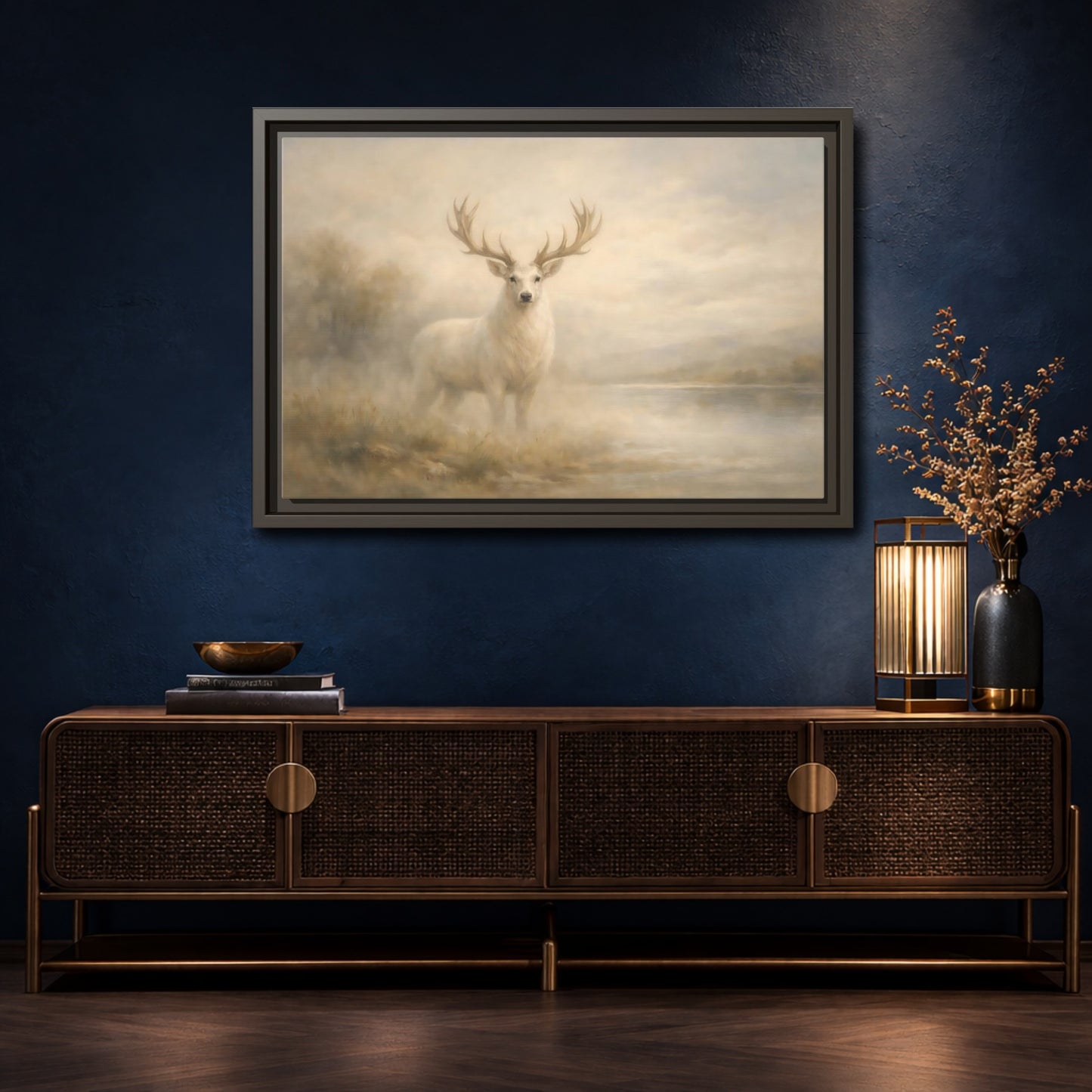 Mockup 4. Animals White Stag Pale Gold shown as stretched canvas wall art
