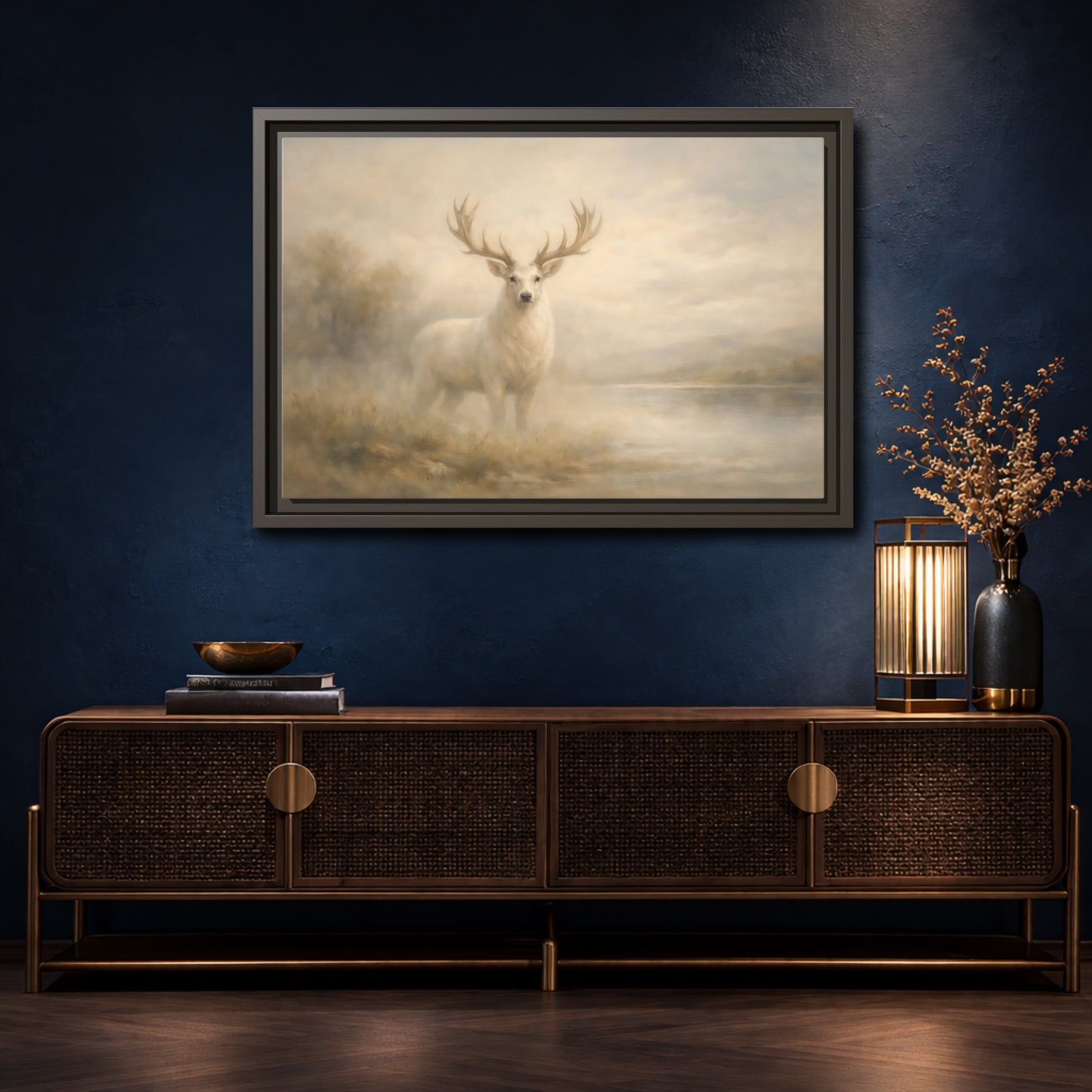 Mockup 4. Animals White Stag Pale Gold shown as stretched canvas wall art