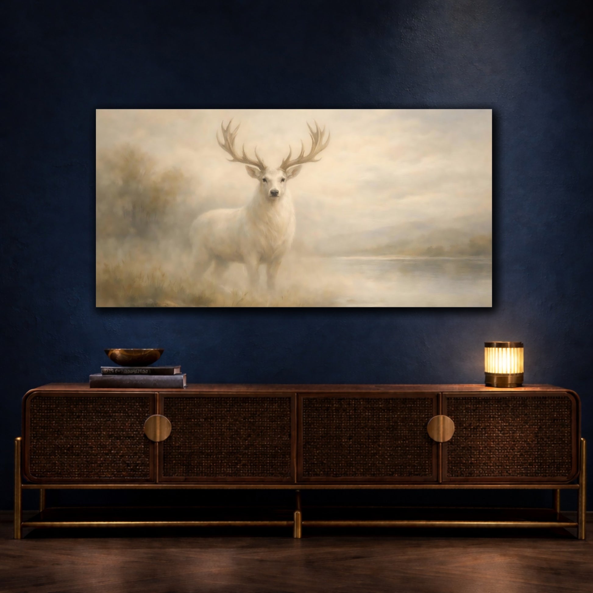 Mockup 4. Animals White Stag White Deer shown as stretched canvas wall art