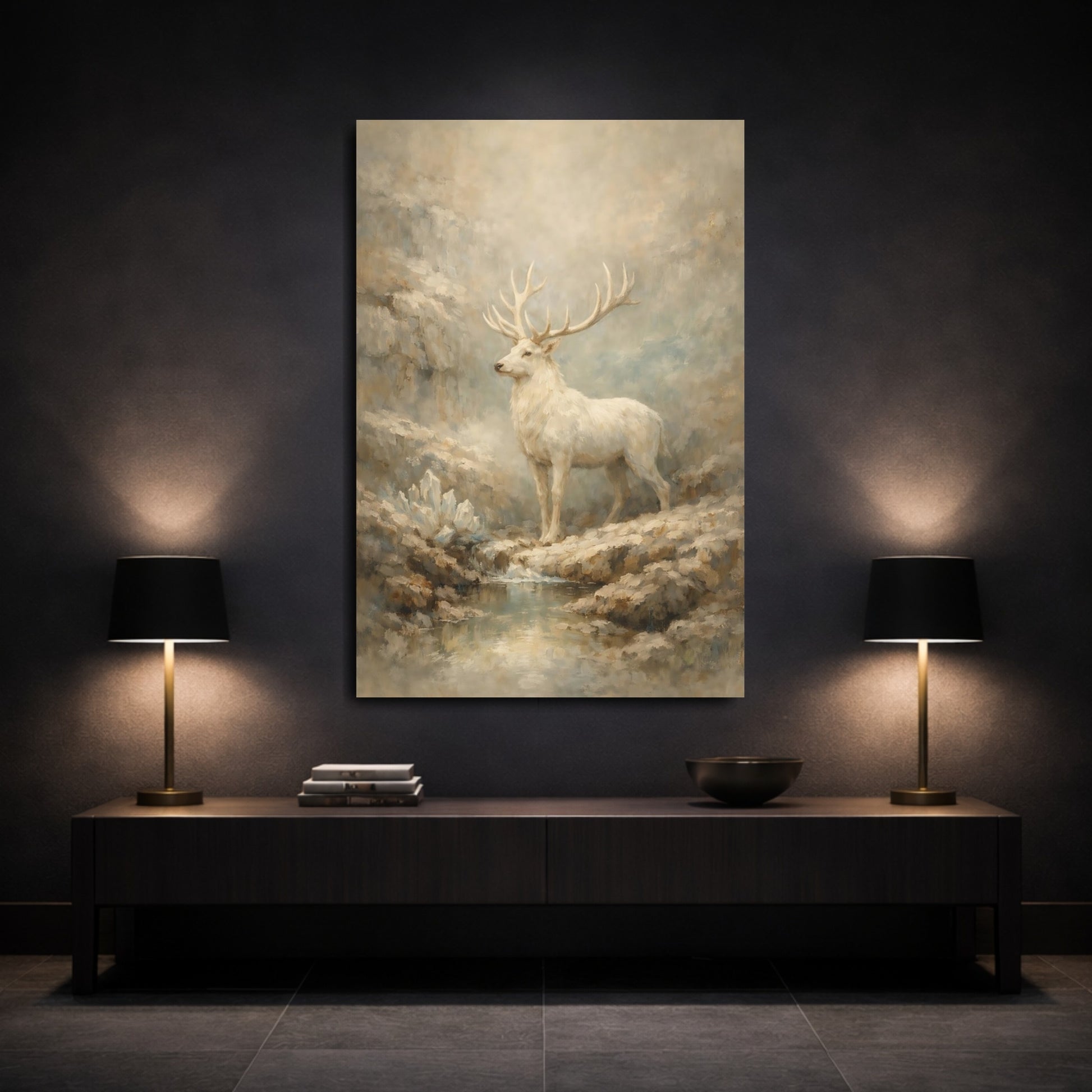 Mockup 2. Animals White Stag White Stag Art shown as stretched canvas wall art