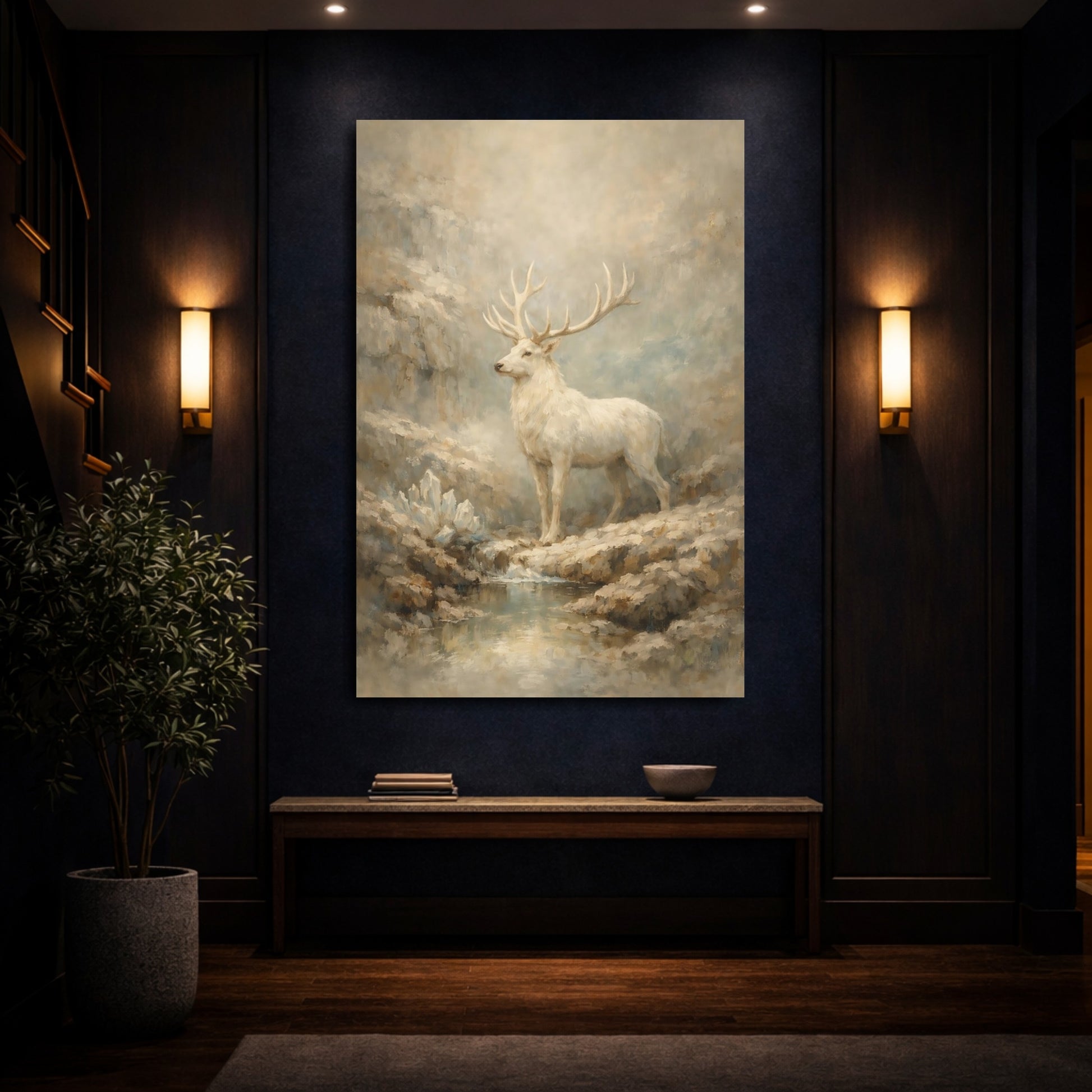 Mockup 3. Animals White Stag White Stag Art shown as stretched canvas wall art