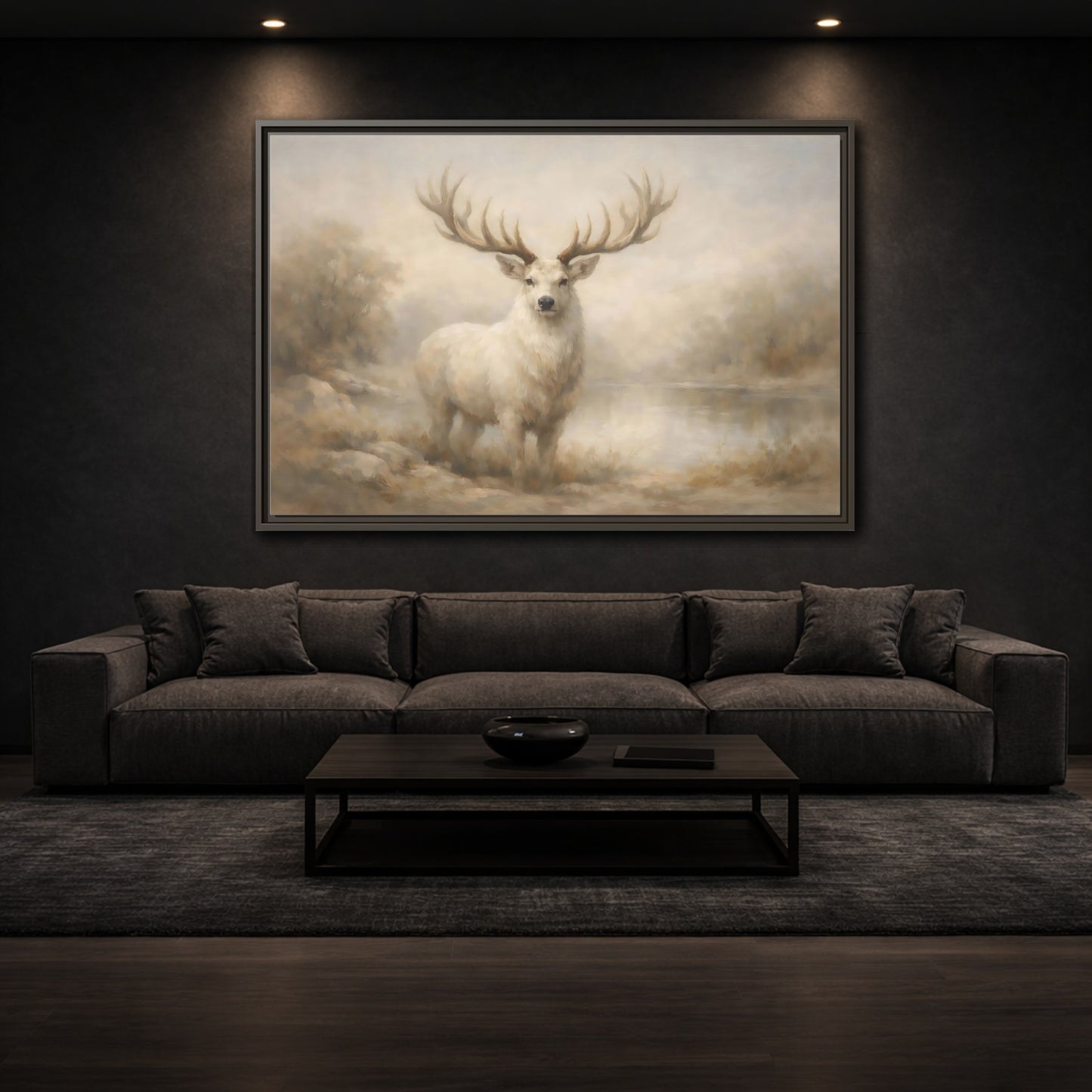 Mockup 2. Animals White Stag White Stag shown as stretched canvas wall art