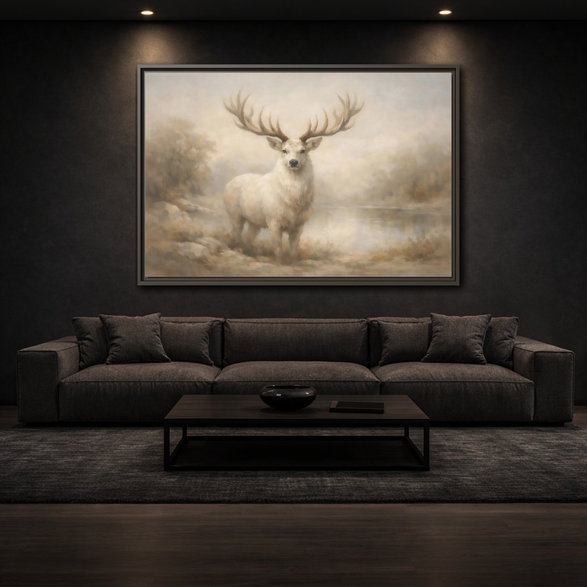 Mockup 2. Animals White Stag White Stag shown as stretched canvas wall art