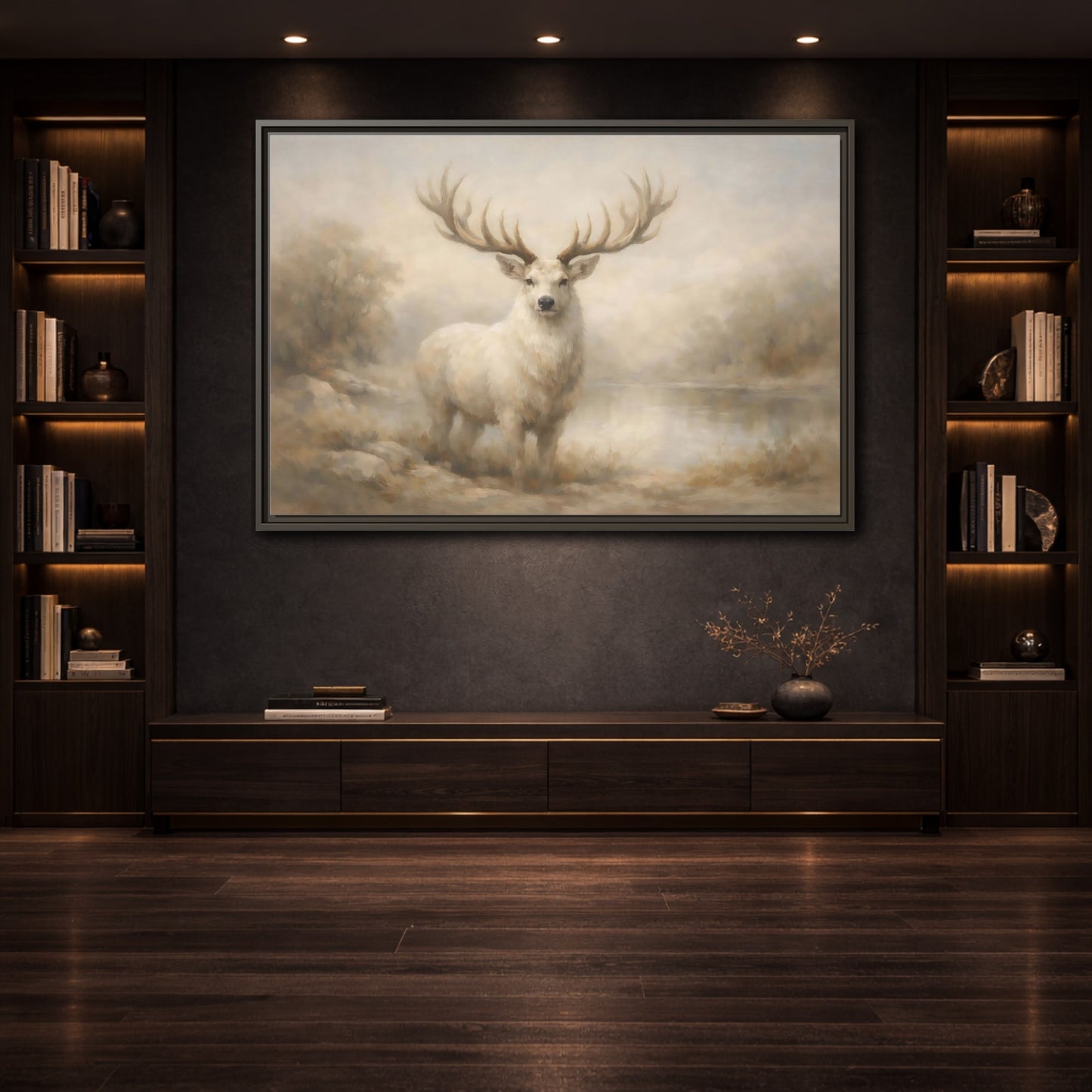 Mockup 3. Animals White Stag White Stag shown as stretched canvas wall art
