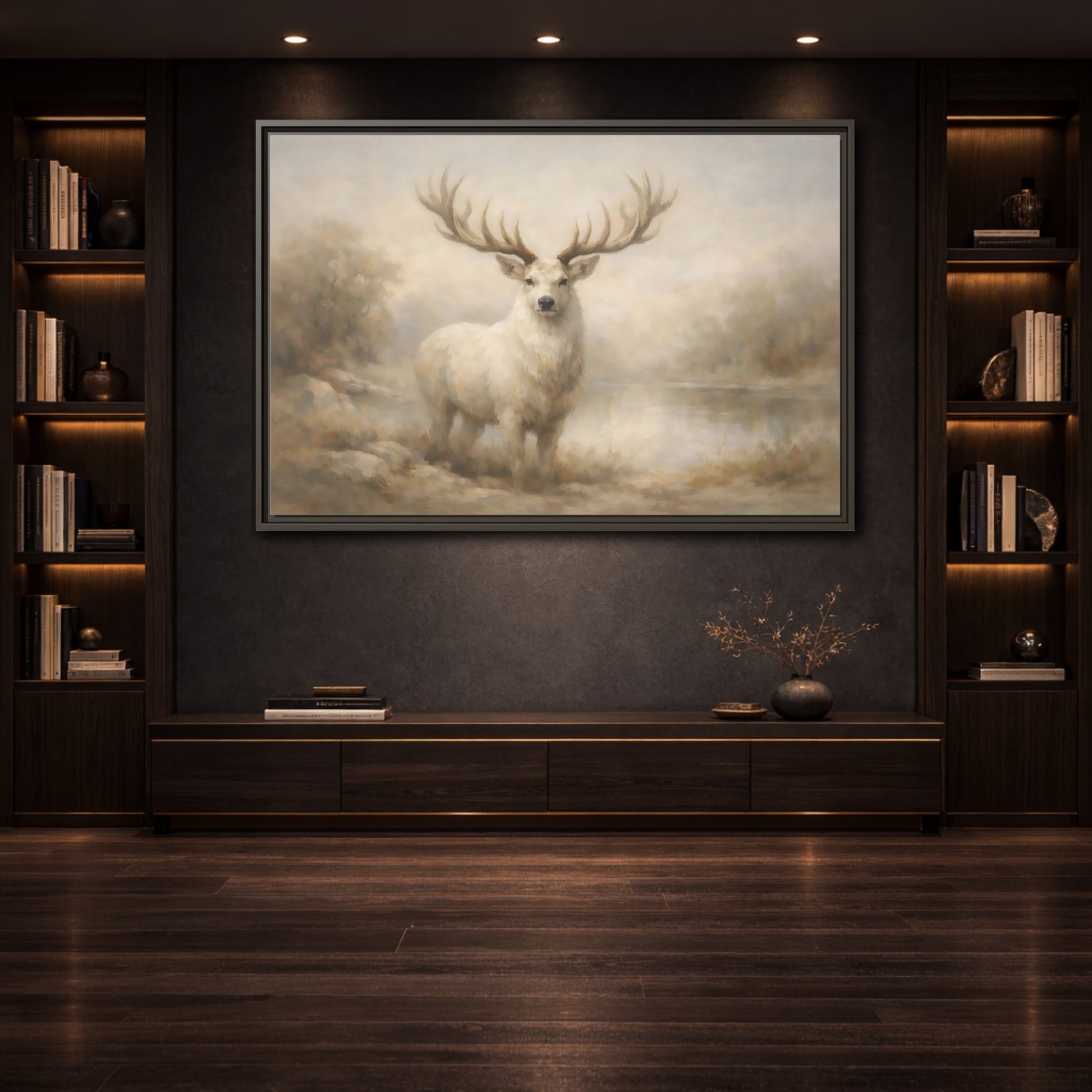 Mockup 3. Animals White Stag White Stag shown as stretched canvas wall art