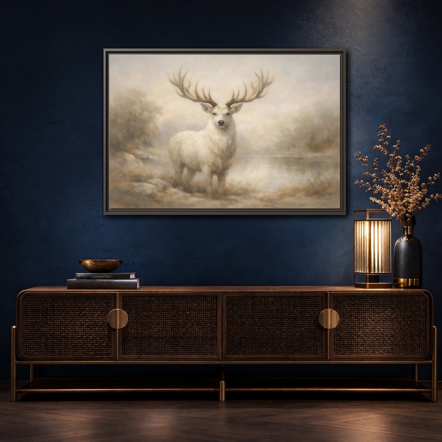 Mockup 4. Animals White Stag White Stag shown as stretched canvas wall art