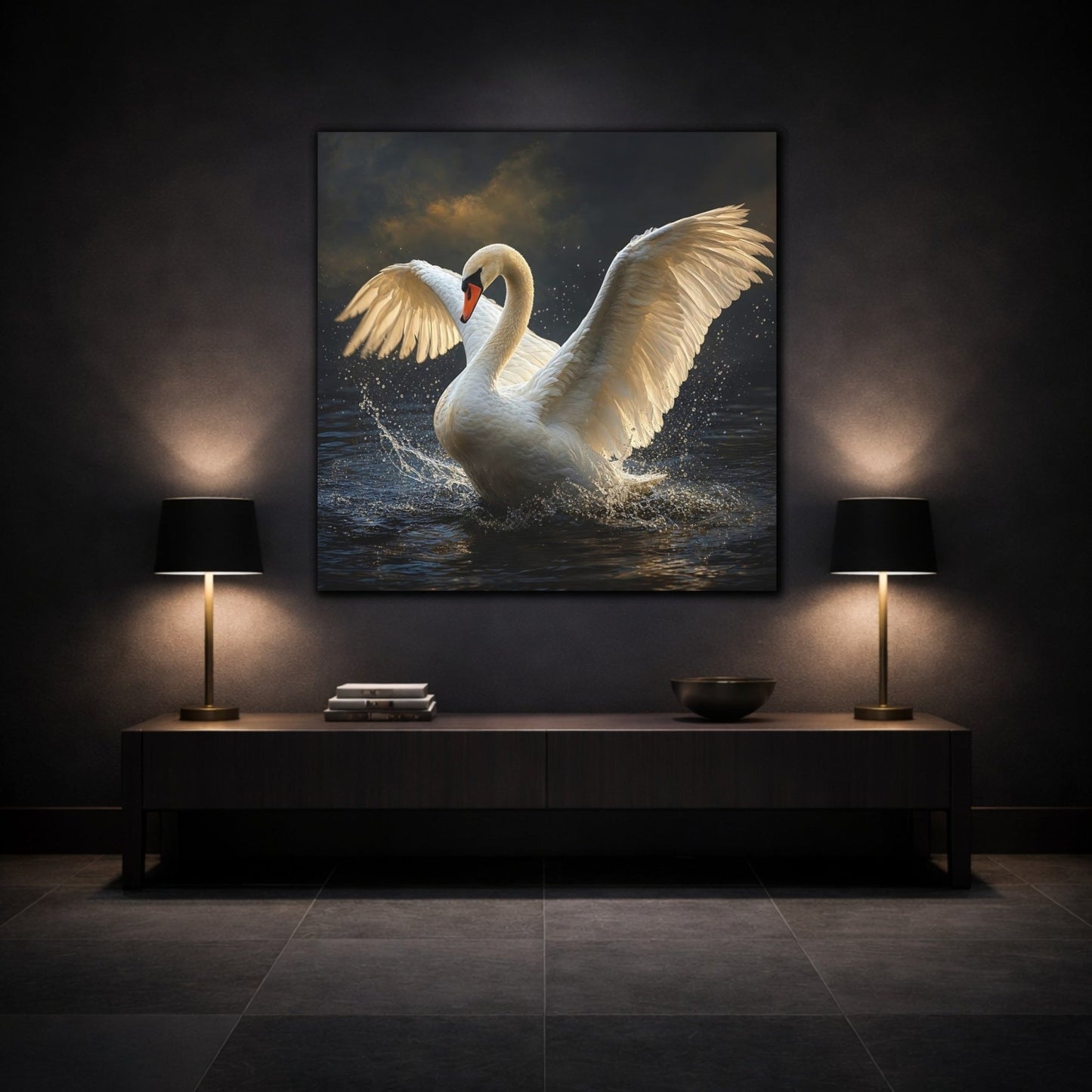 Animals White Swan Canvas Print – Living Room, Above Console Table, and Dark - YesArtYes