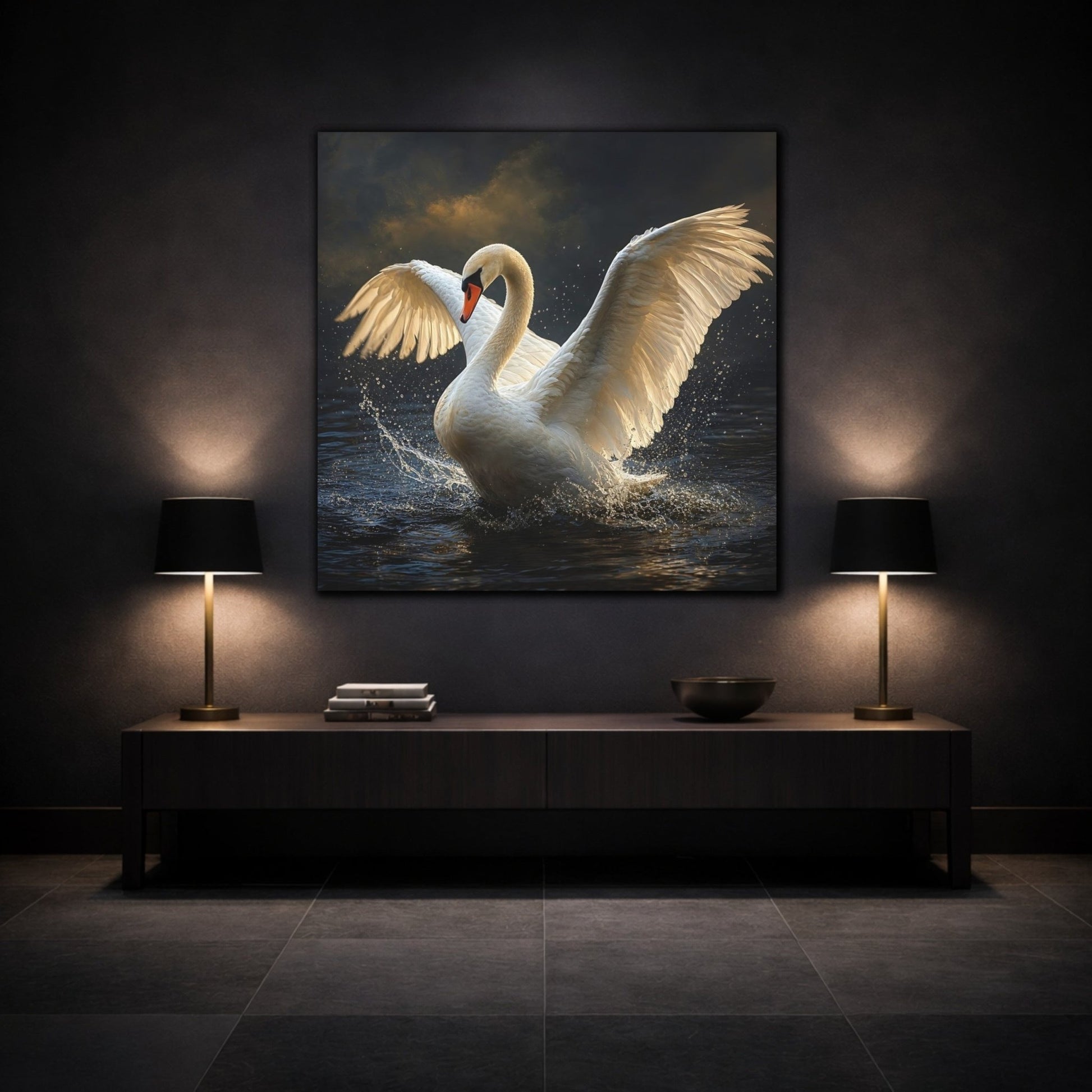 Animals White Swan Canvas Print – Living Room, Above Console Table, and Dark - YesArtYes
