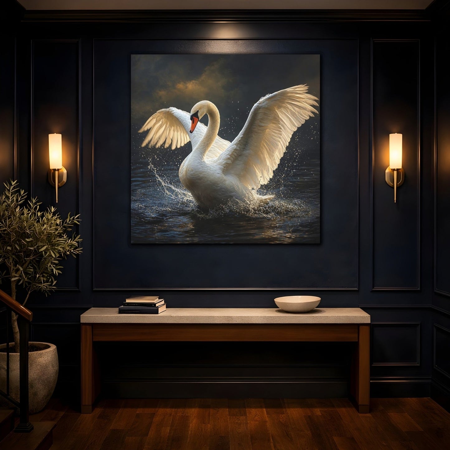 Animals White Swan Canvas Print – Living Room, Above Console Table, and Dark - YesArtYes