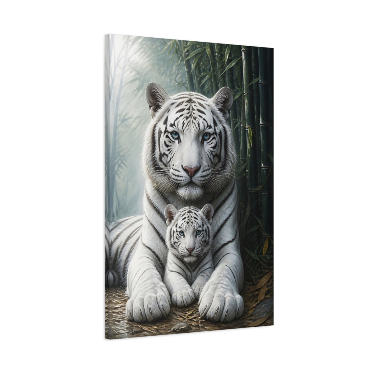 Main Mockup. Animals White Tiger And Cub shown as canvas print