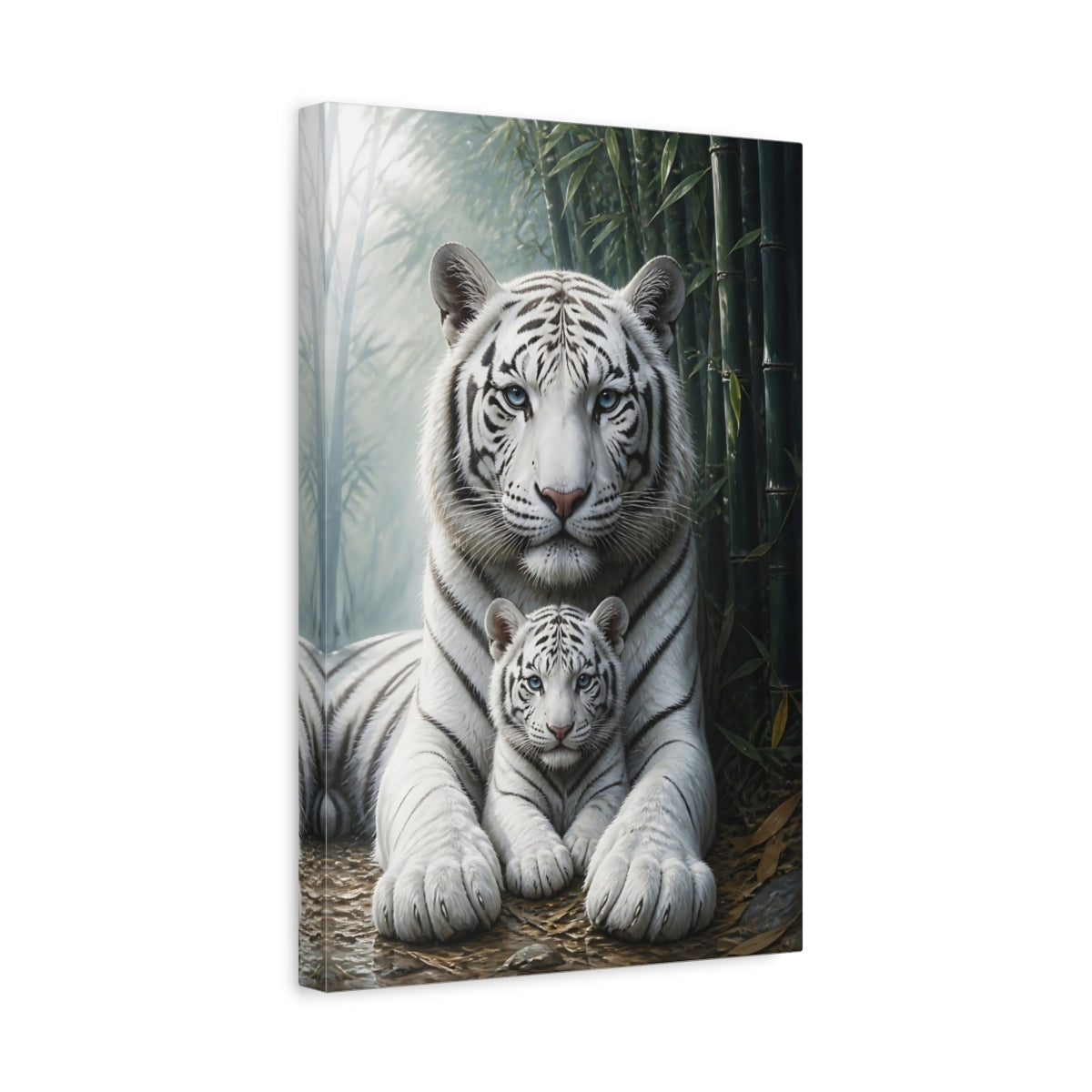 Side Mockup 4. Animals White Tiger And Cub shown as canvas print