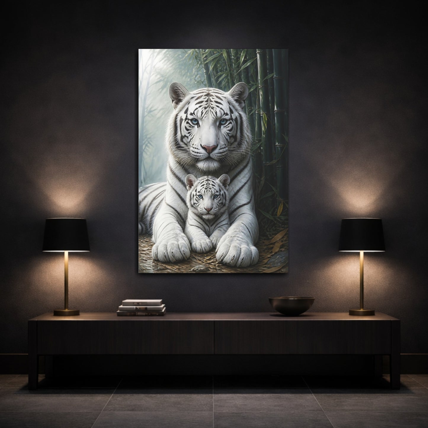 Mockup 3. Animals White Tiger And Cub shown as canvas print