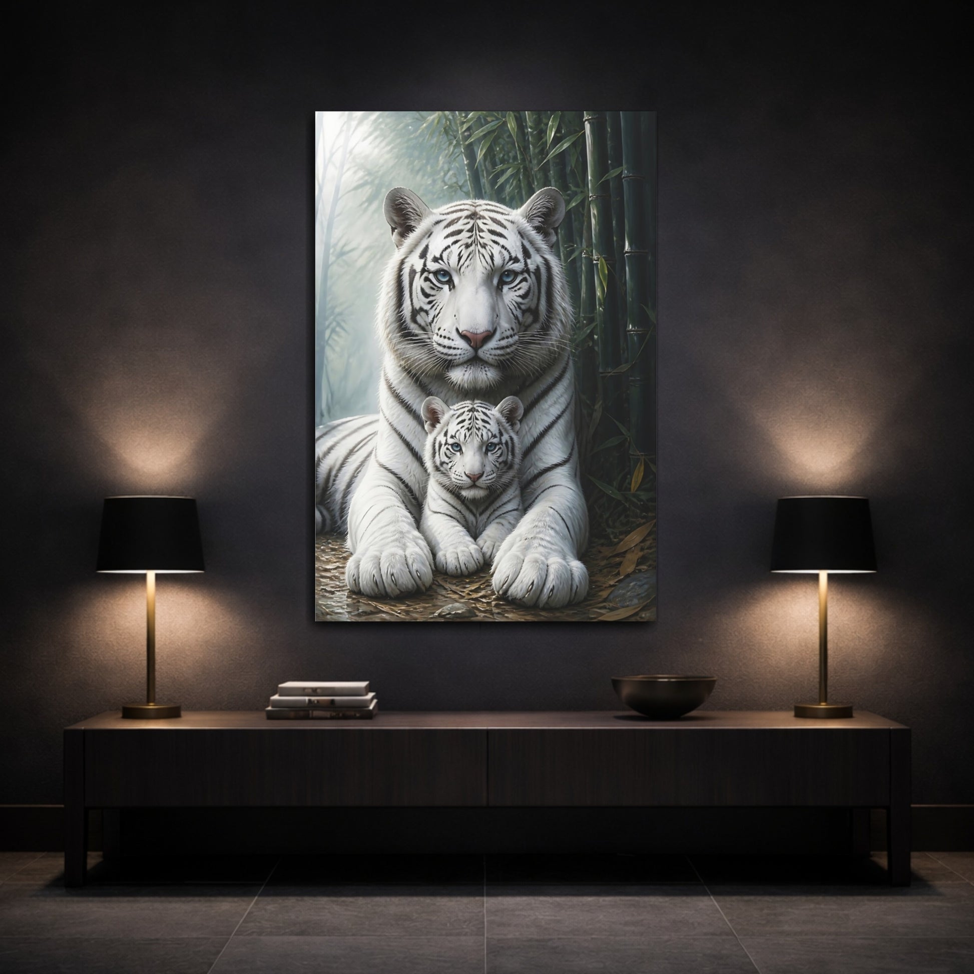 Mockup 3. Animals White Tiger And Cub shown as canvas print