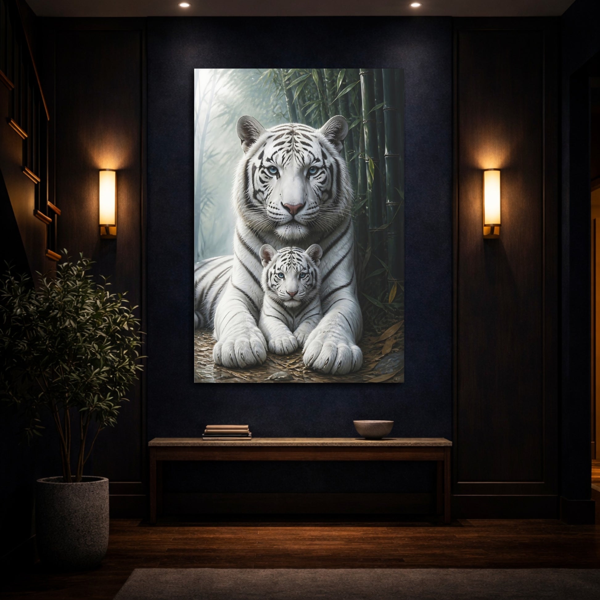 Mockup 4. Animals White Tiger And Cub shown as canvas print