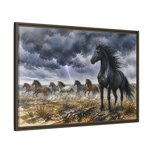 Main Mockup. Animals Wild Horses Brown And Black shown as stretched canvas wall art