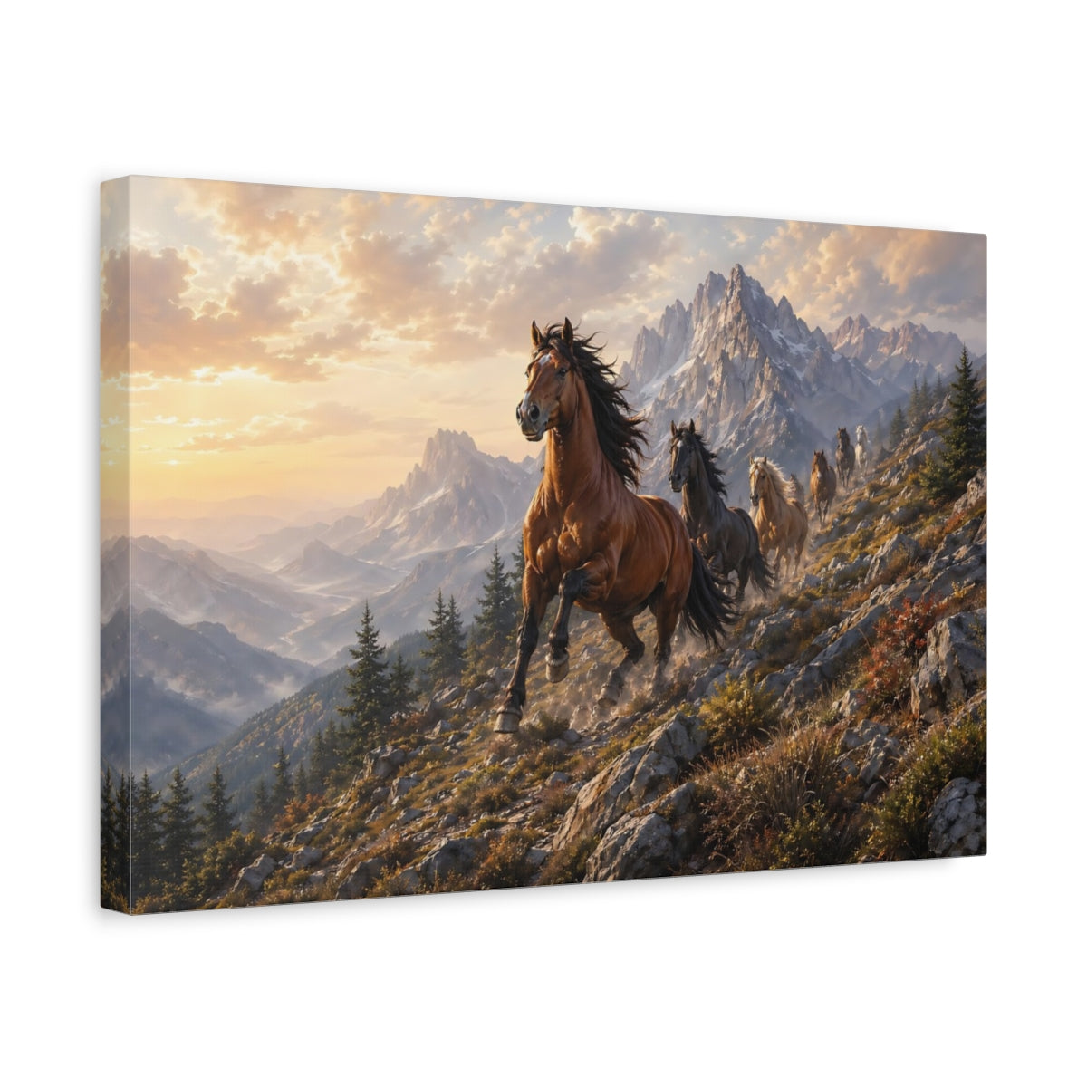 Side Mockup 4. Animals Wild Horses Brown And Gold shown as stretched canvas wall art