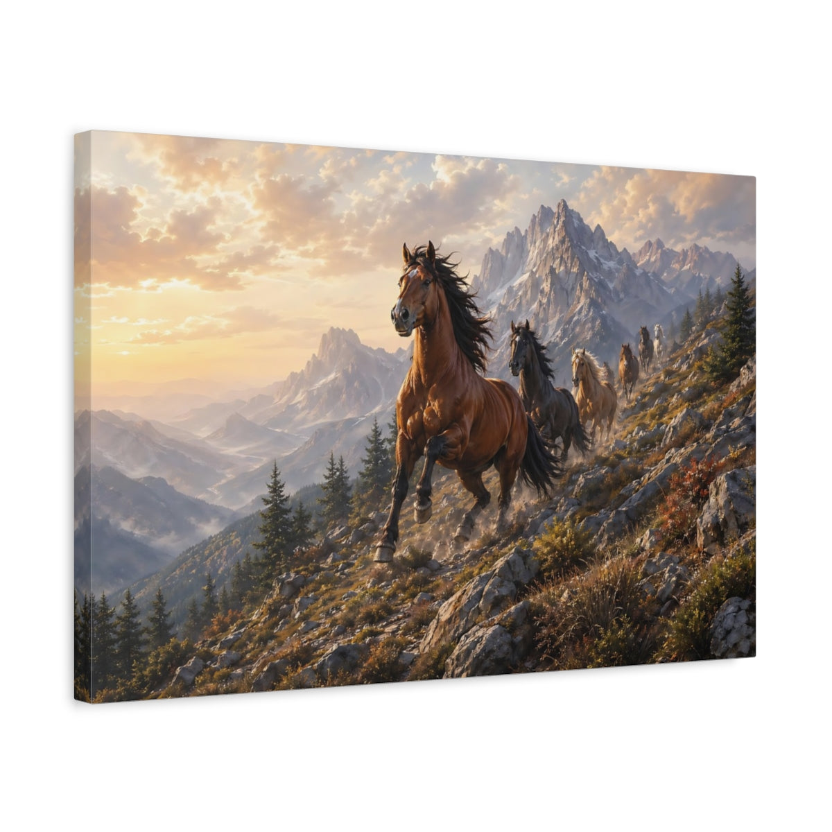 Side Mockup 3. Animals Wild Horses Brown And Gold shown as stretched canvas wall art