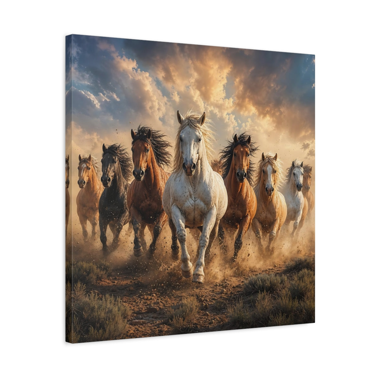 Side Mockup 4. Animals Wild Horses Brown And Gold Horses shown as stretched canvas wall art