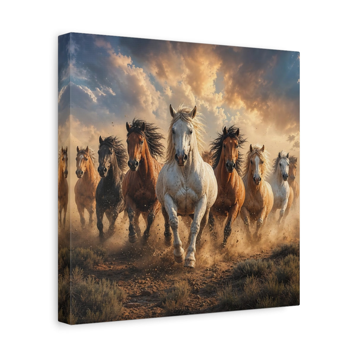 Side Mockup 8. Animals Wild Horses Brown And Gold Horses shown as stretched canvas wall art
