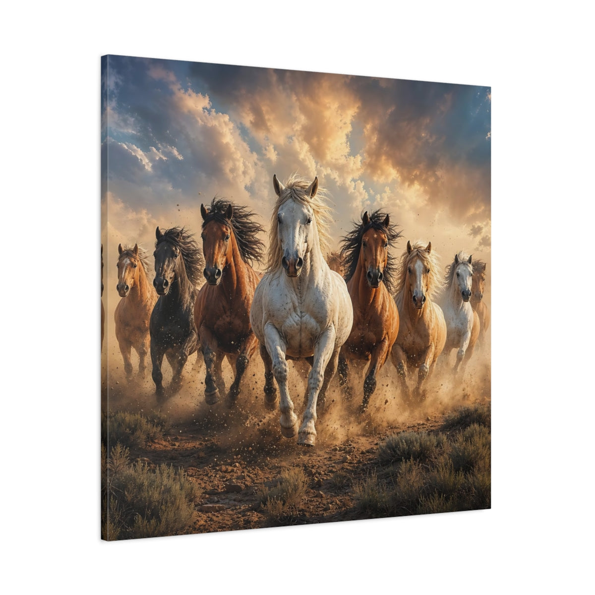 Side Mockup 1. Animals Wild Horses Brown And Gold Horses shown as stretched canvas wall art