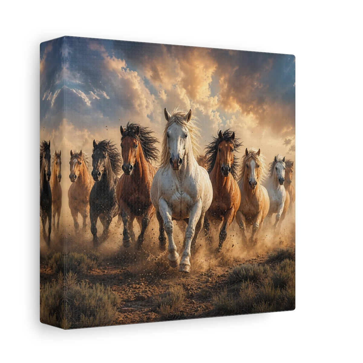 Side Mockup 2. Animals Wild Horses Brown And Gold Horses shown as stretched canvas wall art