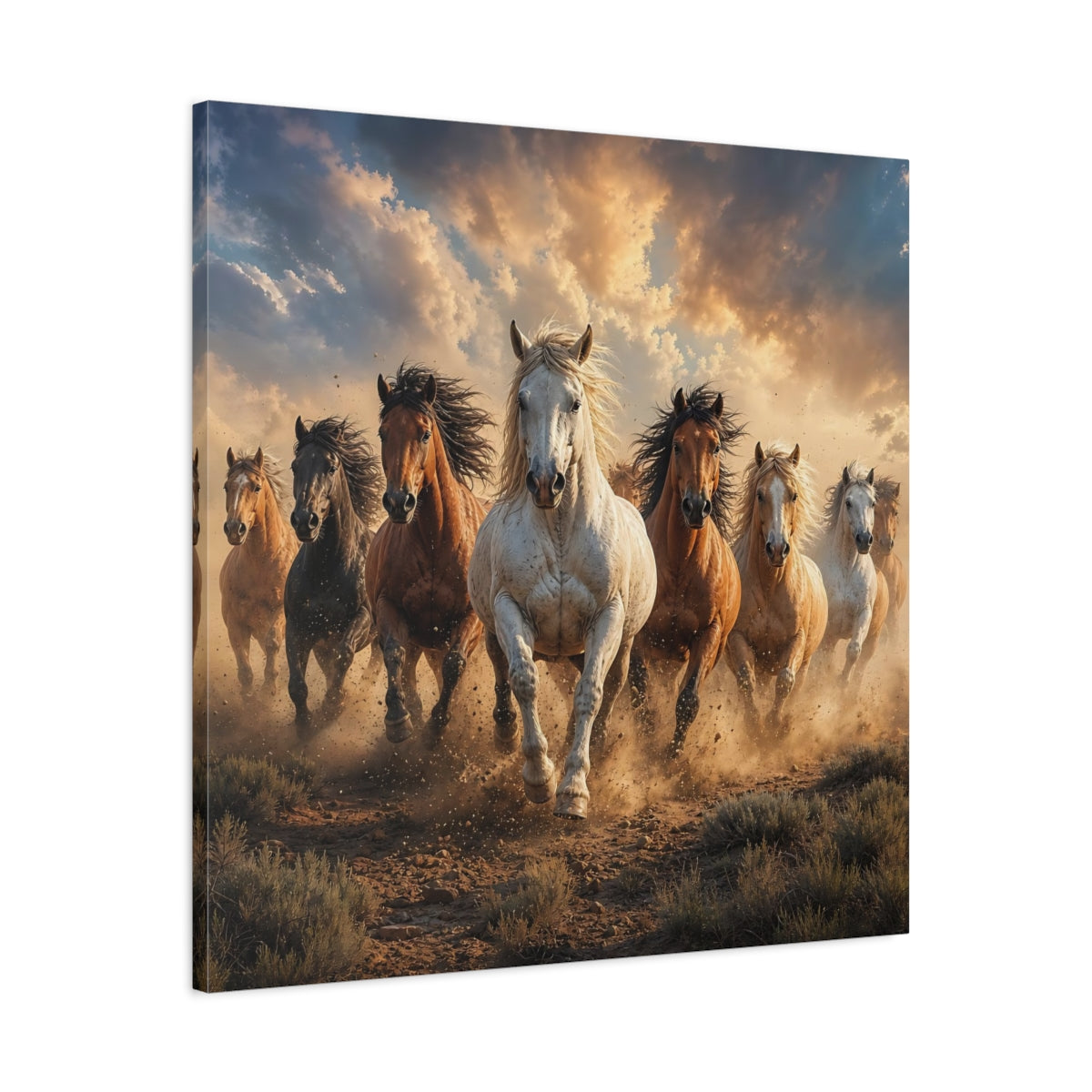 Side Mockup 3. Animals Wild Horses Brown And Gold Horses shown as stretched canvas wall art