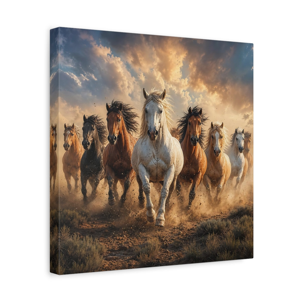 Side Mockup 7. Animals Wild Horses Brown And Gold Horses shown as stretched canvas wall art