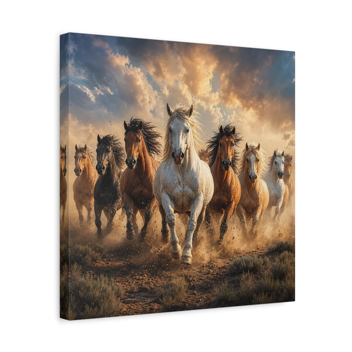 Side Mockup 6. Animals Wild Horses Brown And Gold Horses shown as stretched canvas wall art