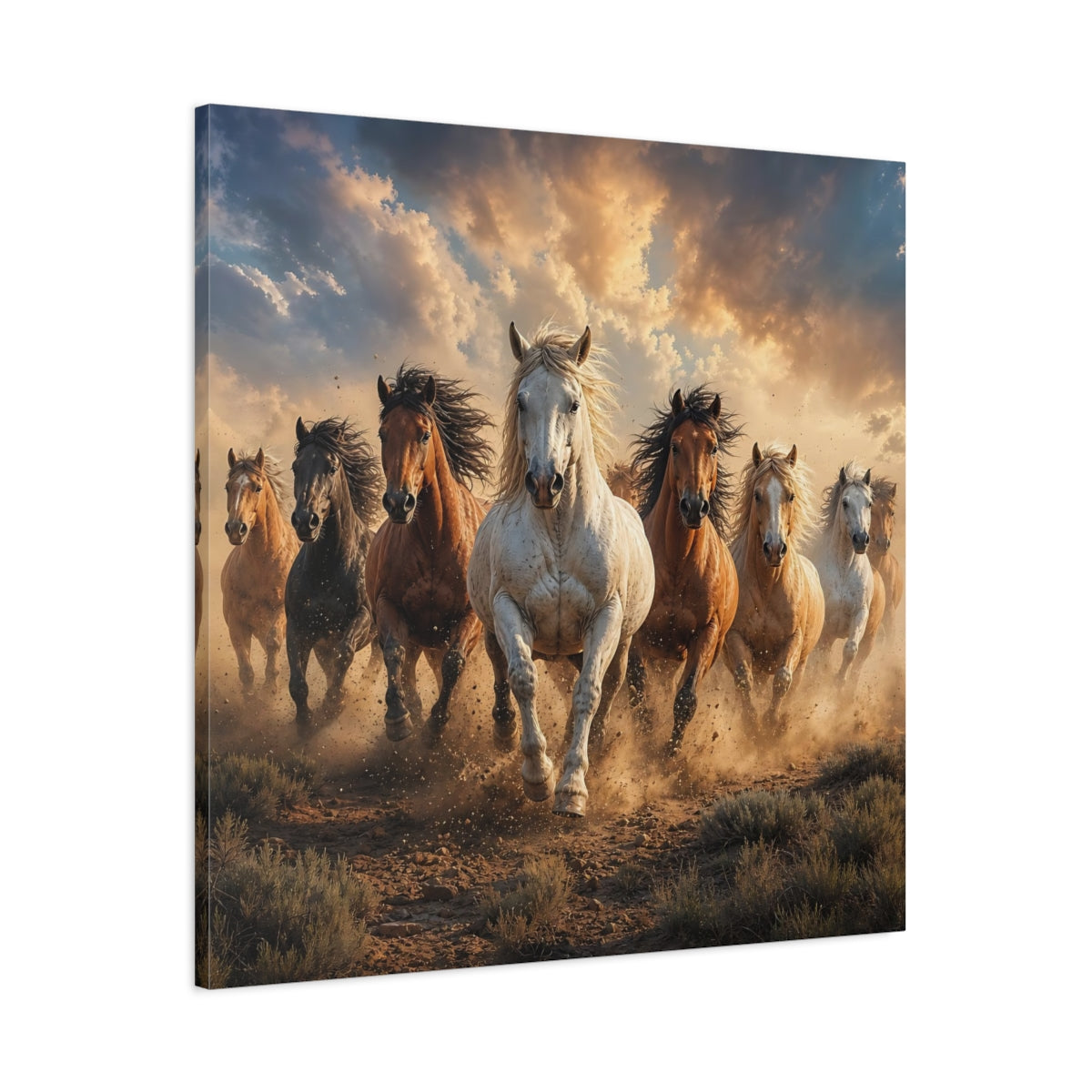 Main Mockup. Animals Wild Horses Brown And Gold Horses shown as stretched canvas wall art