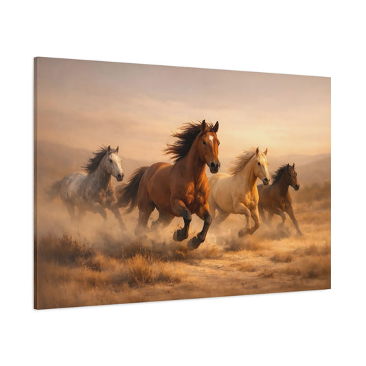 Animals Wild Horses Brown And Gold Horses shown as stretched canvas wall art