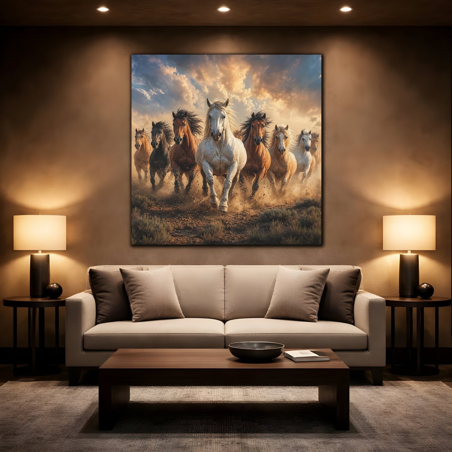 Mockup 2. Animals Wild Horses Brown And Gold Horses shown as stretched canvas wall art
